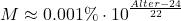 \begin{align*} M \approx 0.001\% \cdot 10^{\frac{Alter-24}{22}}  \end{align*}