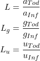 Rendered by QuickLaTeX.com \begin{align*} L &= \frac{ a_{Tod}} { a_{Inf} } \\ L_{g} &= \frac{ g_{Tod}} { g_{Inf} } \\ L_{u} &= \frac{ u_{Tod}} { u_{Inf} } \end{align*}